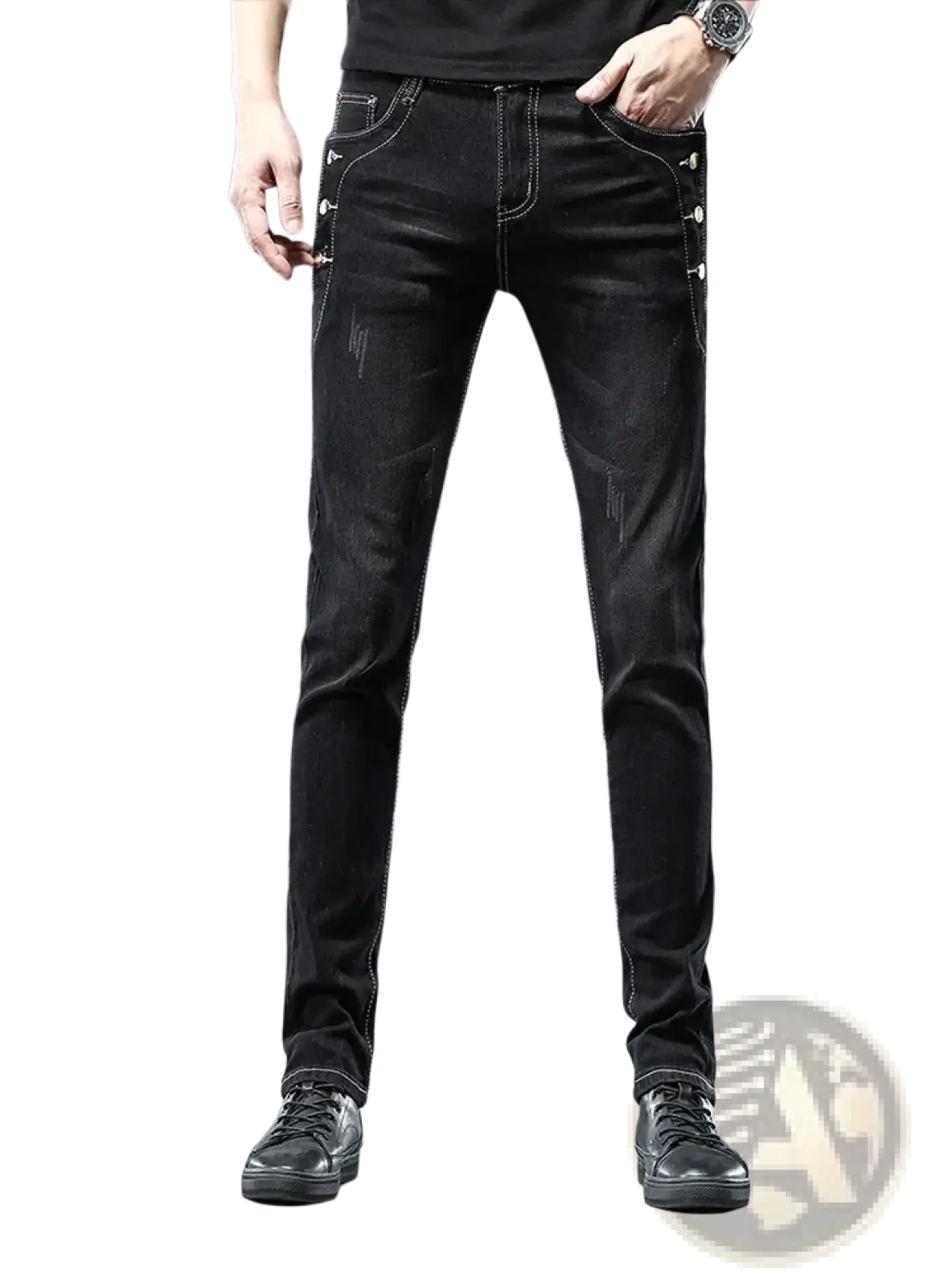 Mens vintage stretch slim denim jeans grey wash in black with slim fit, subtle distressing, and silver button accents