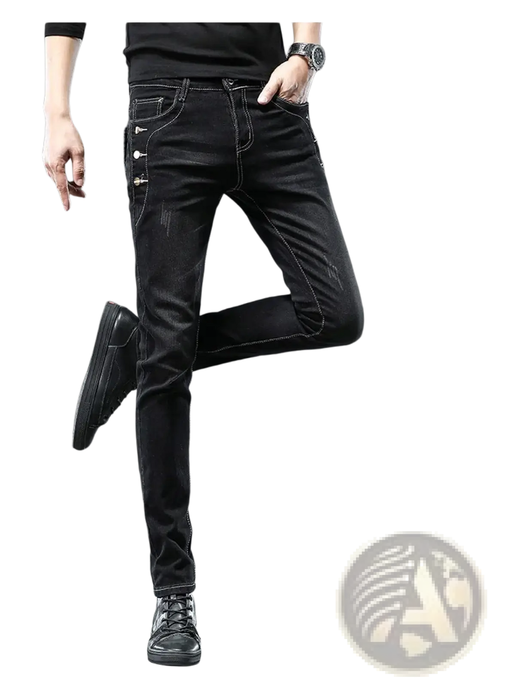 Black slim fit denim jeans with silver button side pockets and subtle distressing in grey wash mens vintage stretch style