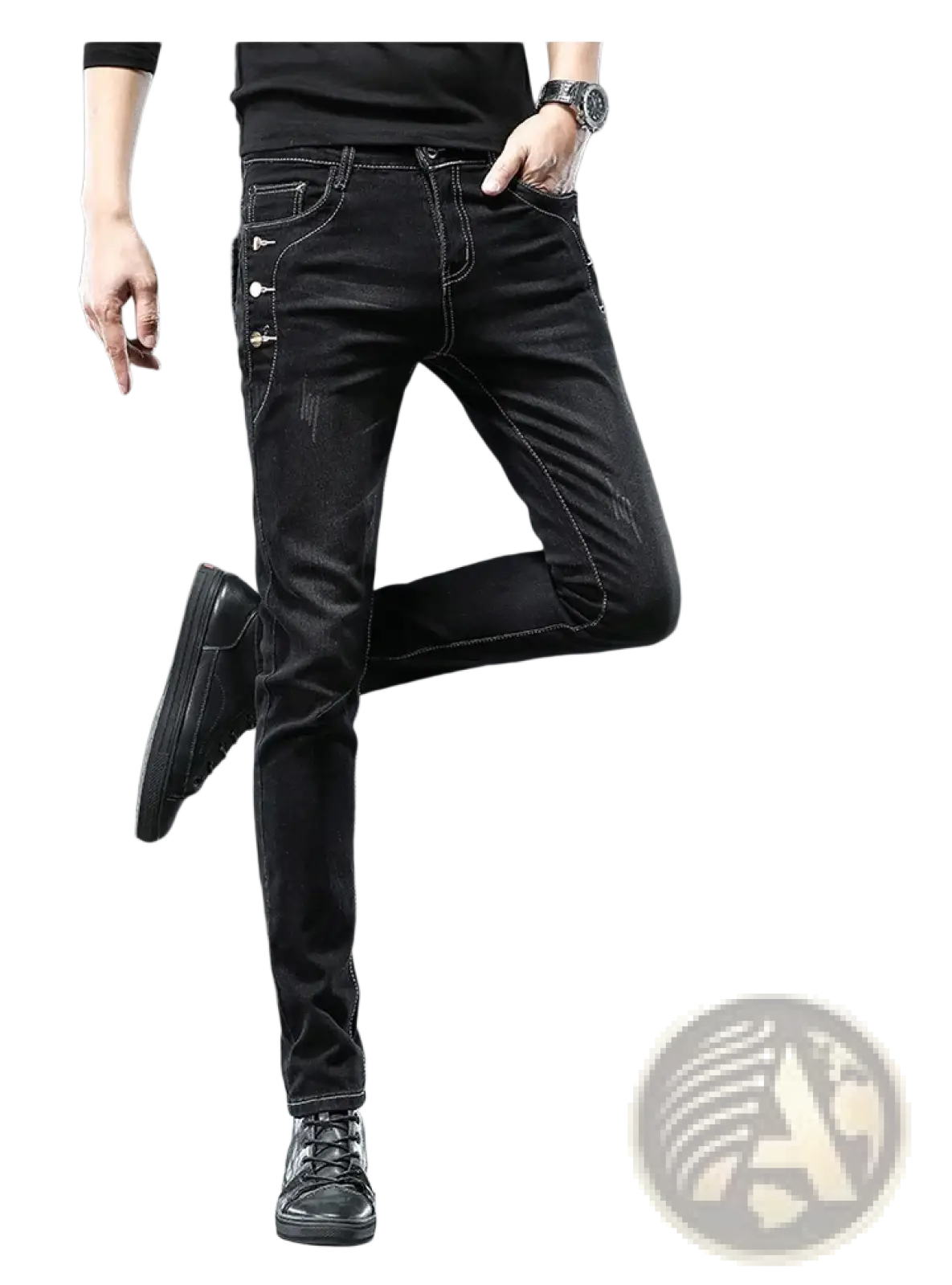 Black slim fit denim jeans with silver button side pockets and subtle distressing in grey wash mens vintage stretch style