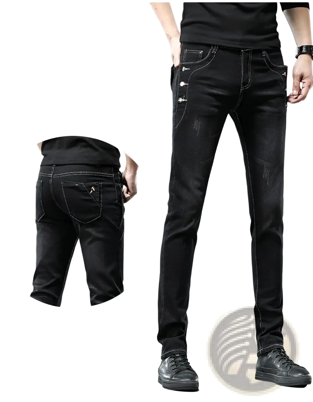 Mens vintage stretch slim denim jeans grey wash in black with distressed details and contrasting white stitching