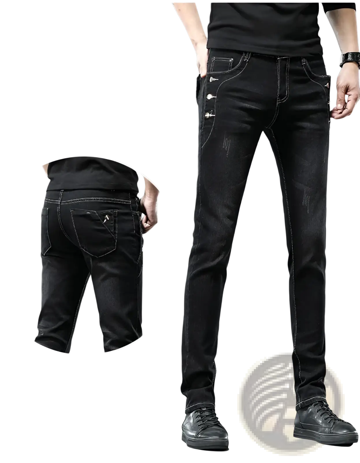 Mens vintage stretch slim denim jeans grey wash in black with distressed details and contrasting white stitching