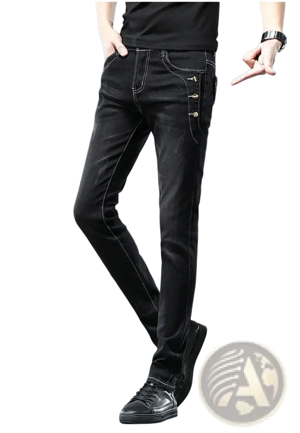 Mens vintage stretch slim denim jeans in grey wash with black slim-fit, subtle distressing, and contrasting stitching