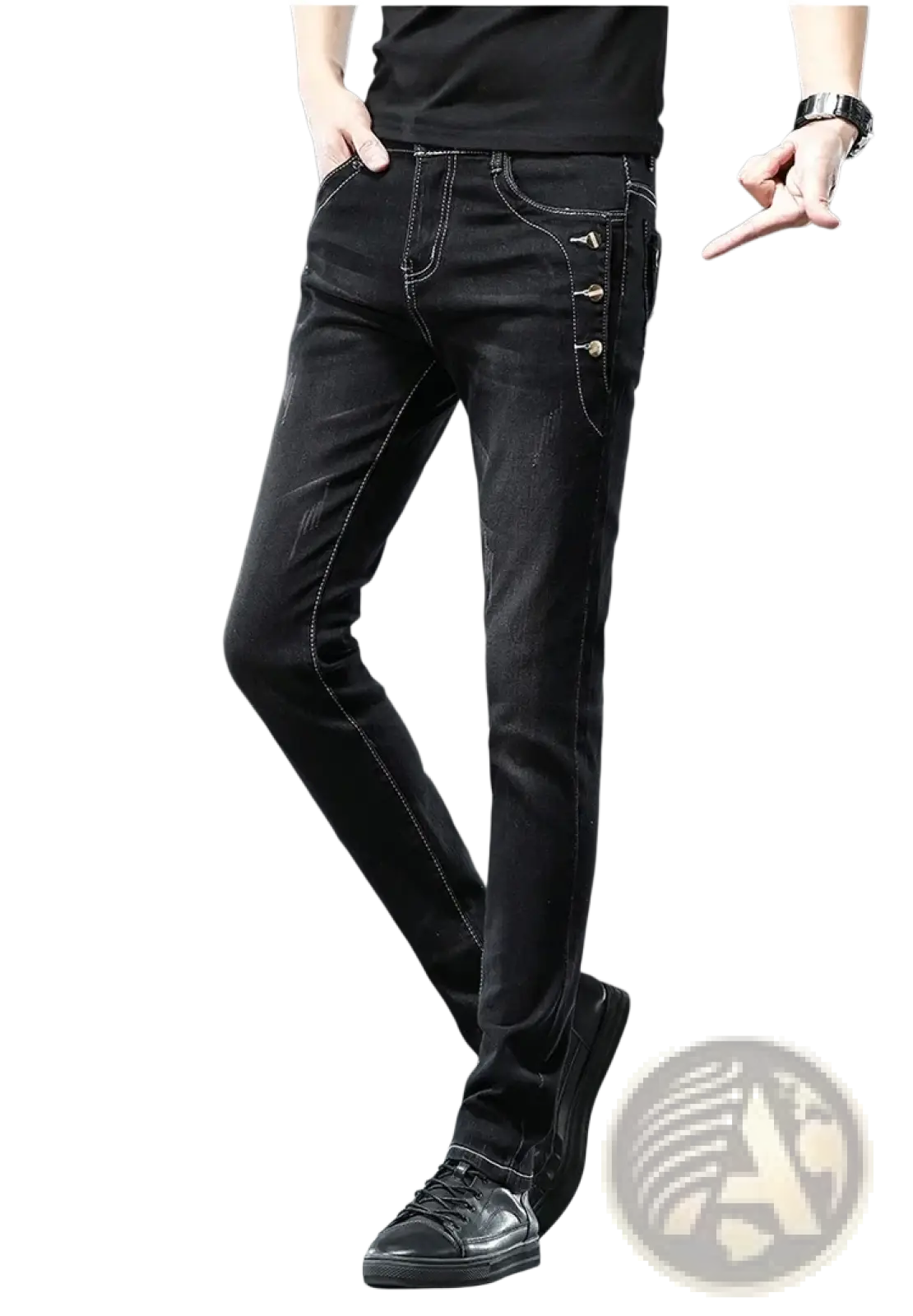 Mens vintage stretch slim denim jeans in grey wash with black slim-fit, subtle distressing, and contrasting stitching