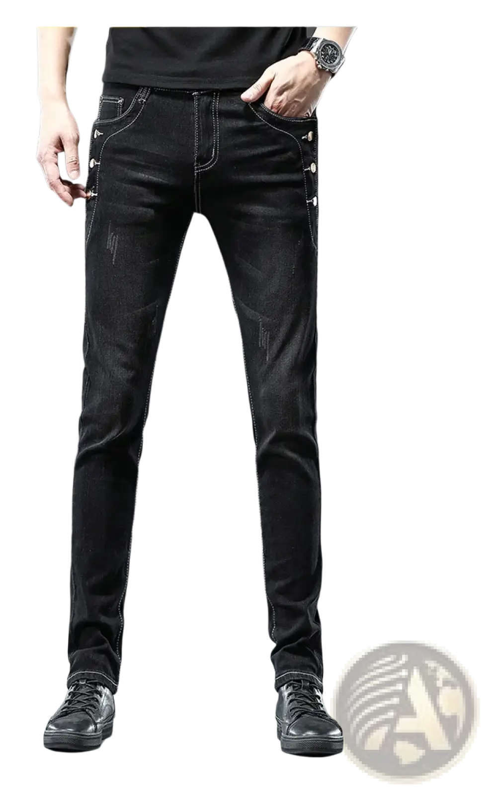 Mens vintage stretch slim denim jeans grey wash in black slim-fit with subtle distressed details and contrasting stitching