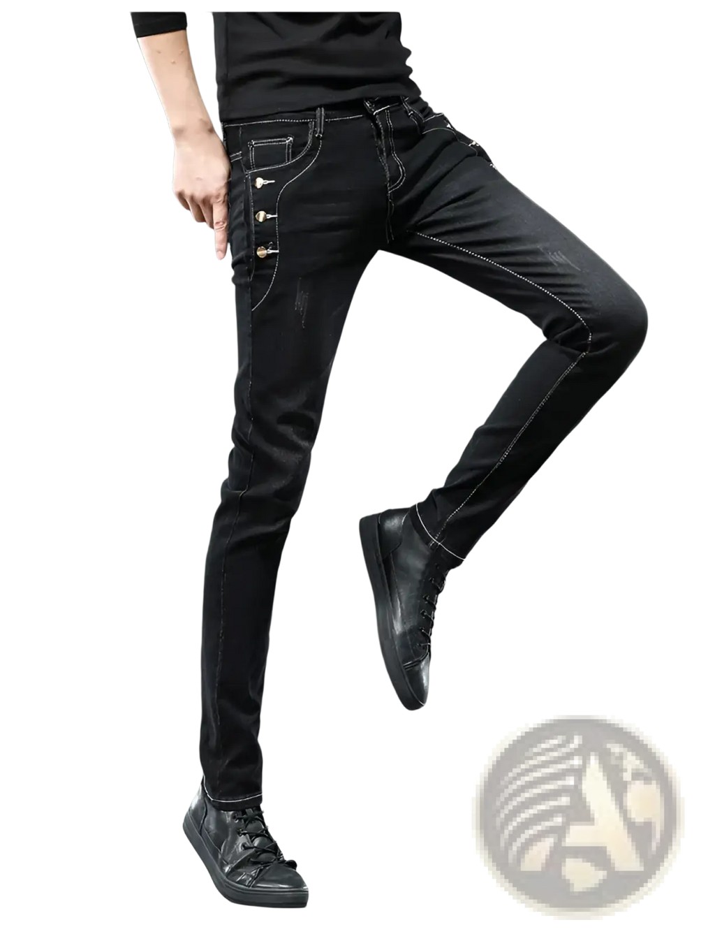 Mens vintage stretch slim denim jeans in grey wash with black skinny fit and gold-tone button accents along side seam