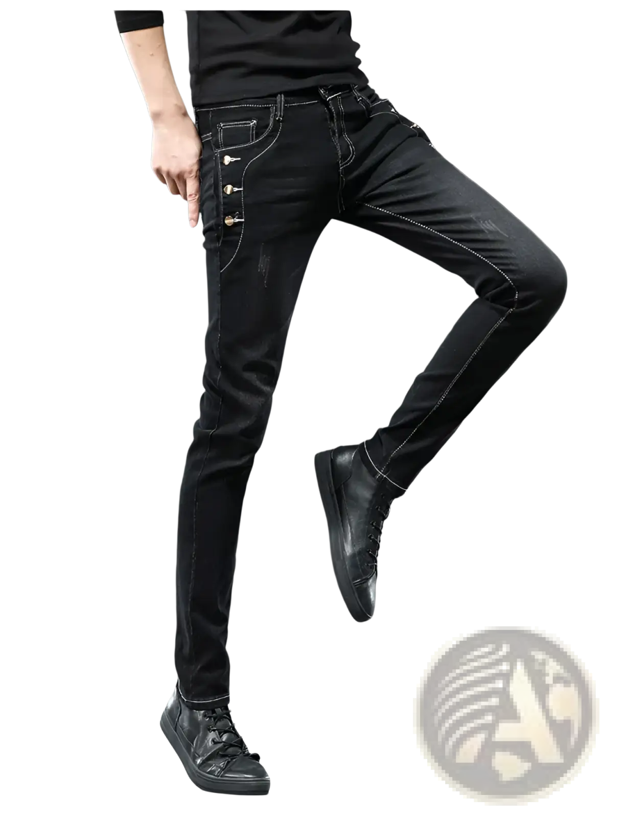 Mens vintage stretch slim denim jeans in grey wash with black skinny fit and gold-tone button accents along side seam