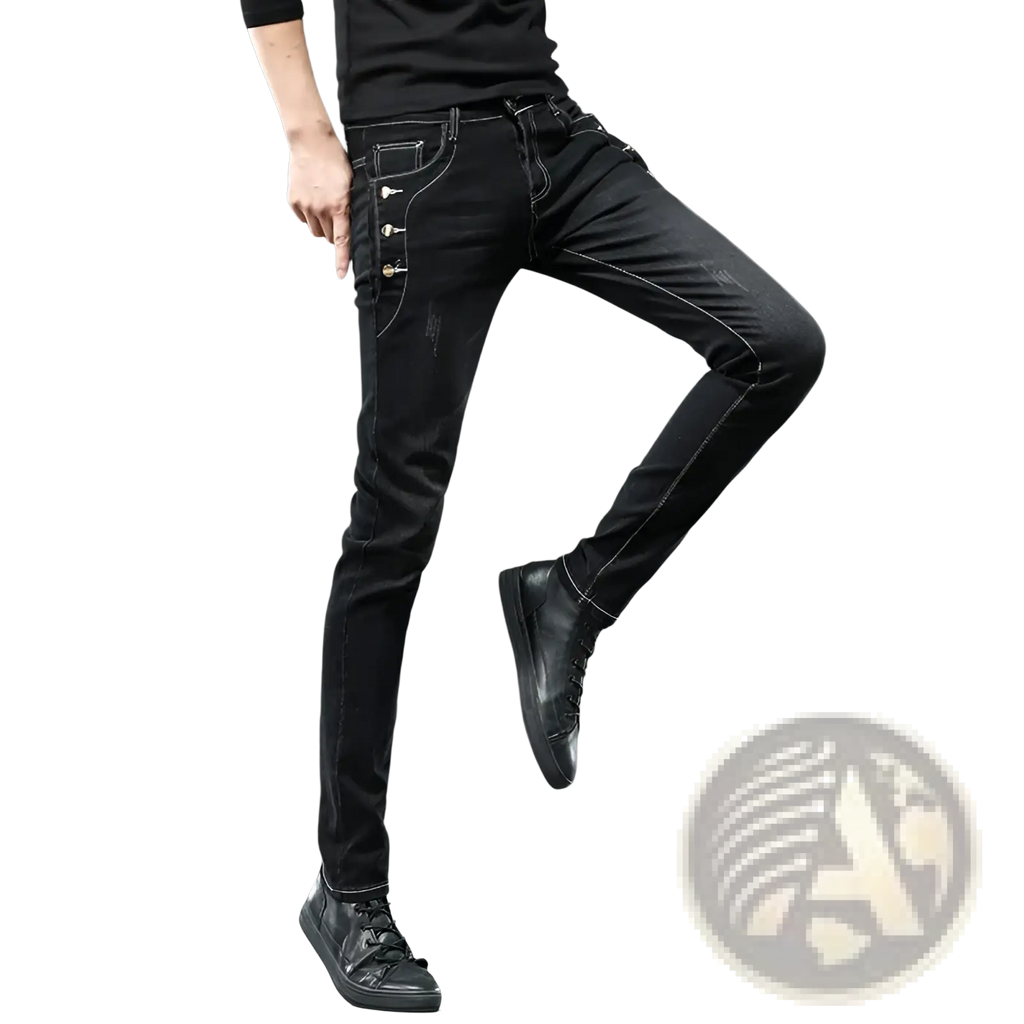 Mens vintage stretch slim denim jeans grey wash featuring black skinny fit with white stitching and gold-tone side buttons