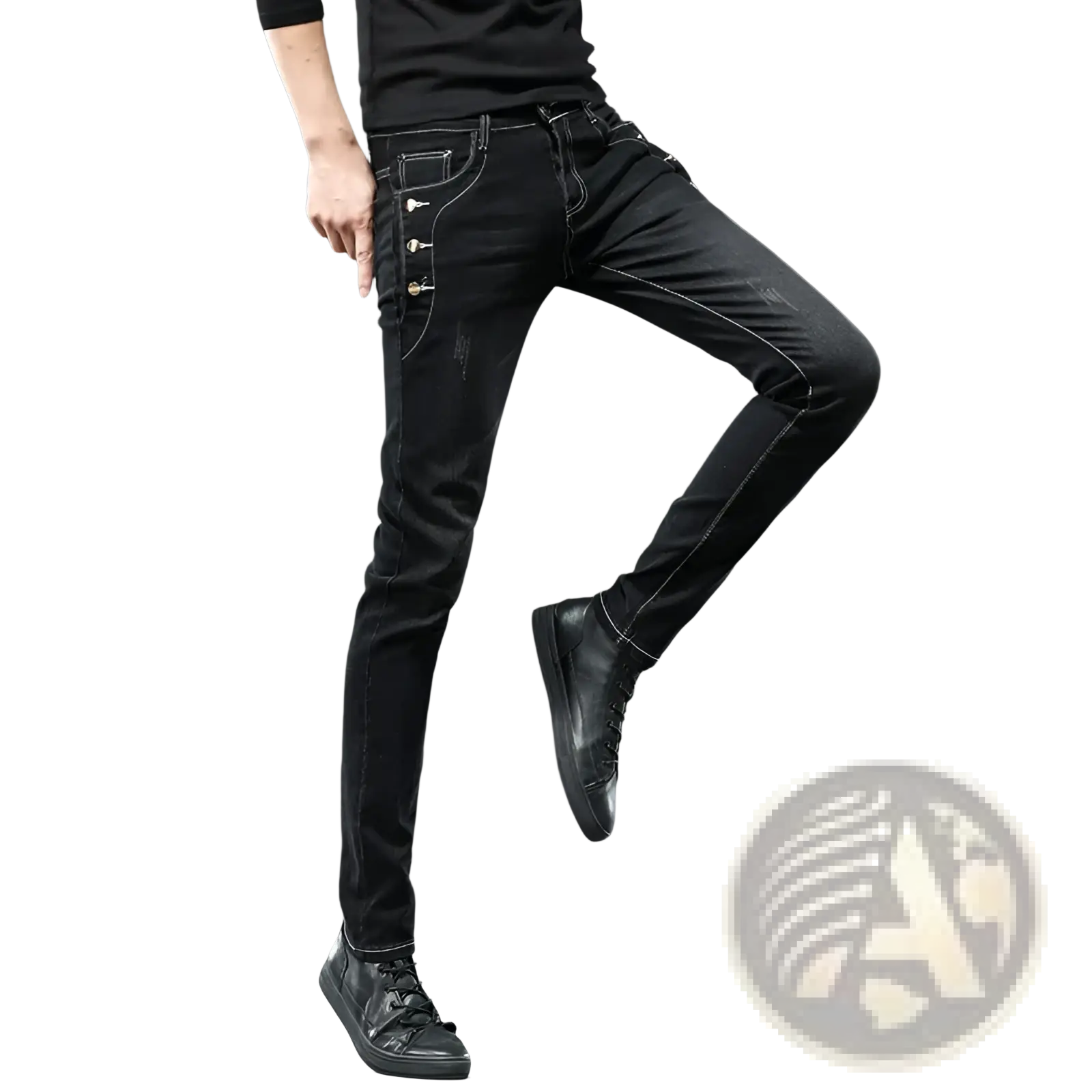 Mens vintage stretch slim denim jeans grey wash featuring black skinny fit with white stitching and gold-tone side buttons