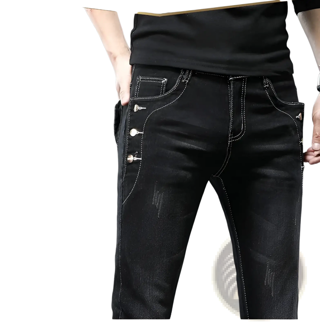 Mens vintage stretch slim denim jeans grey wash in black denim with white stitching and decorative silver buttons along side seam