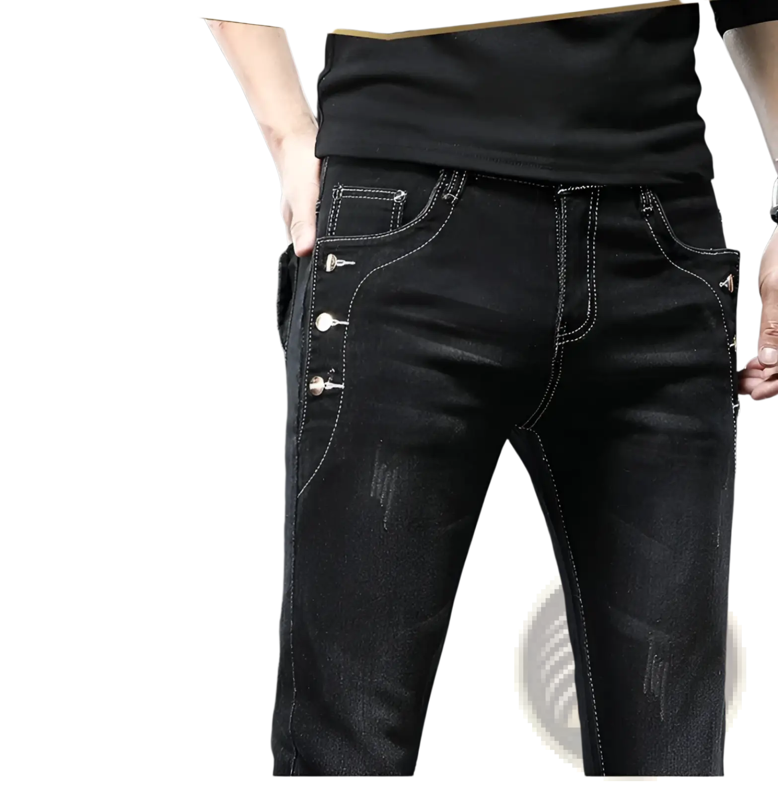 Mens vintage stretch slim denim jeans grey wash in black denim with white stitching and decorative silver buttons along side seam