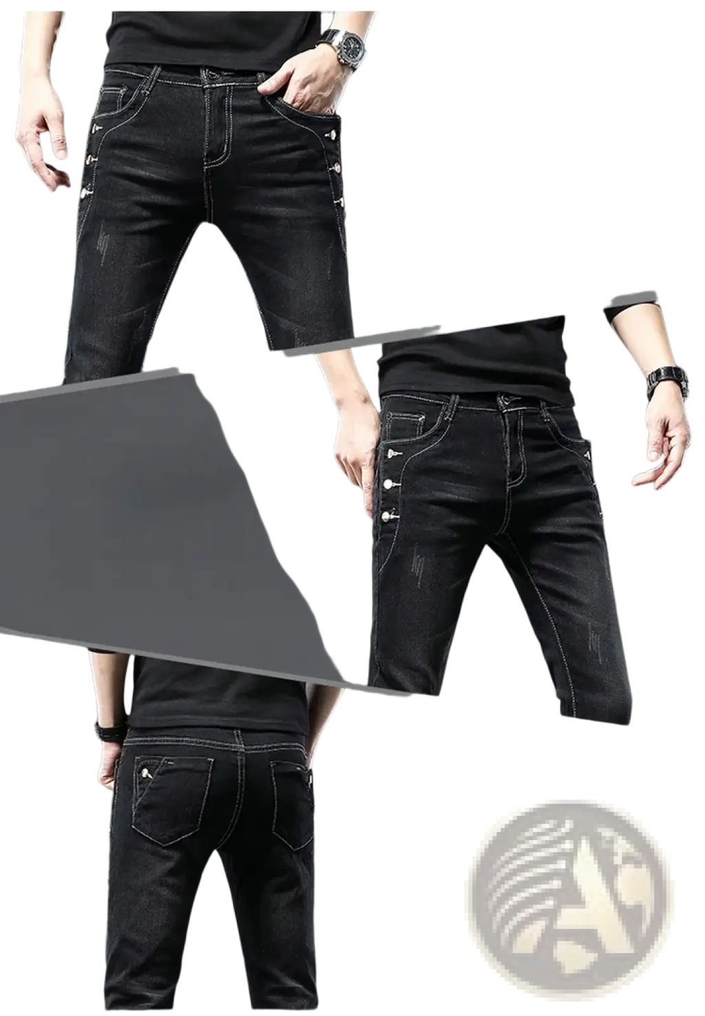 Mens vintage stretch slim denim jeans grey wash in black with white stitching and decorative button accents on side seams