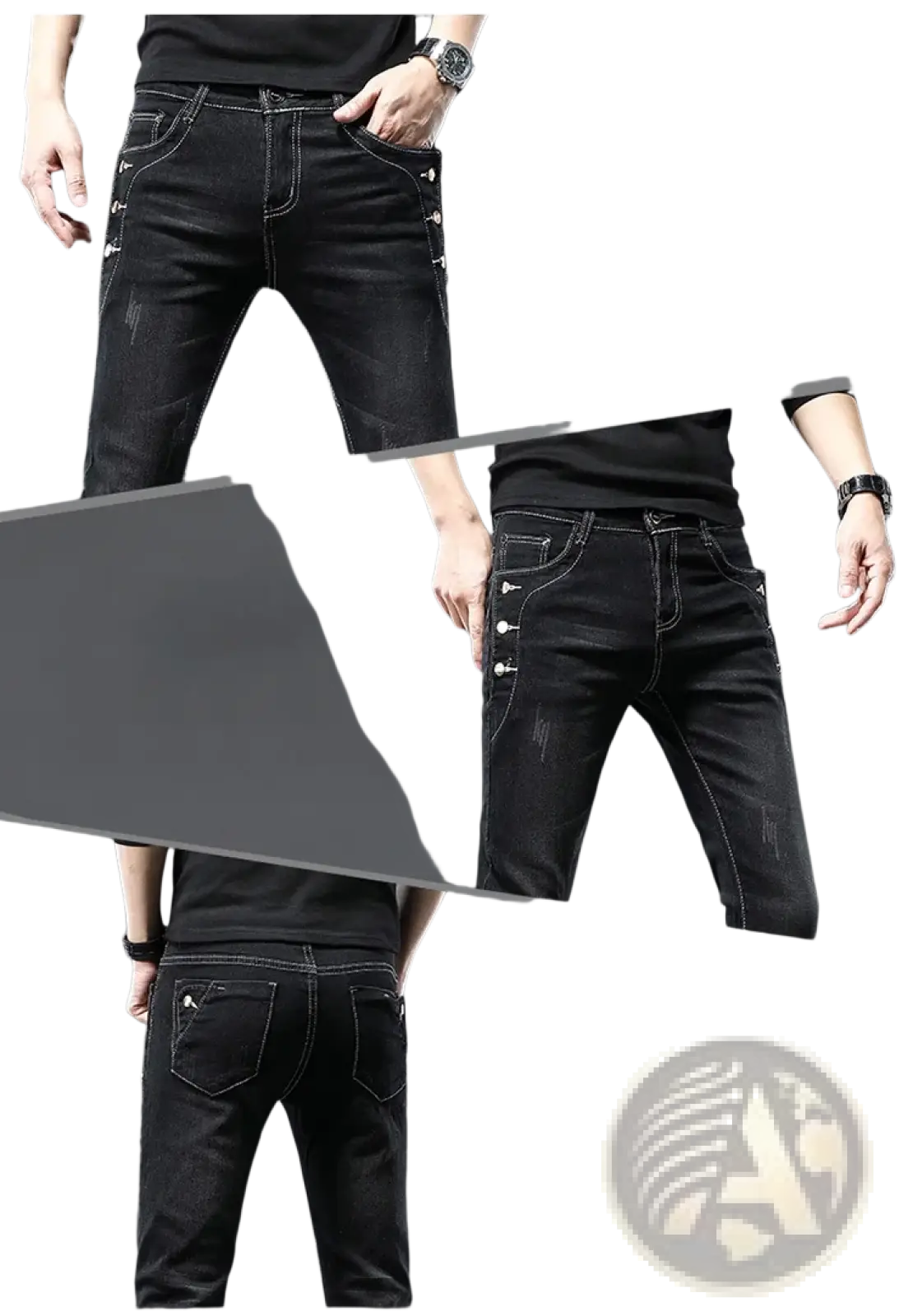 Mens vintage stretch slim denim jeans grey wash in black with white stitching and decorative button accents on side seams