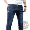 Mens vintage stretch slim denim jeans grey wash in dark blue with gold-tone buttons and subtle distressed details