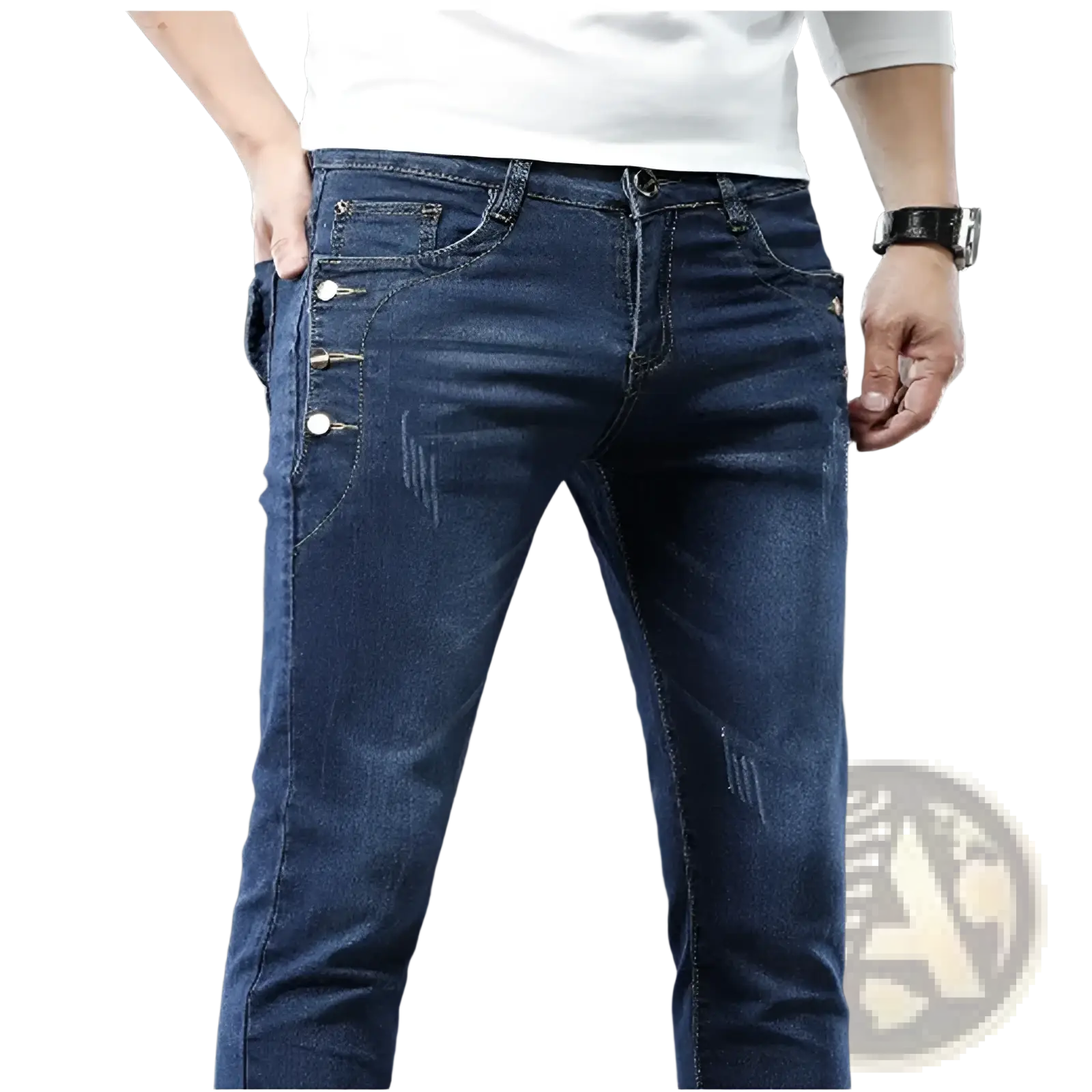 Mens vintage stretch slim denim jeans grey wash in dark blue with gold-tone buttons and subtle distressed details