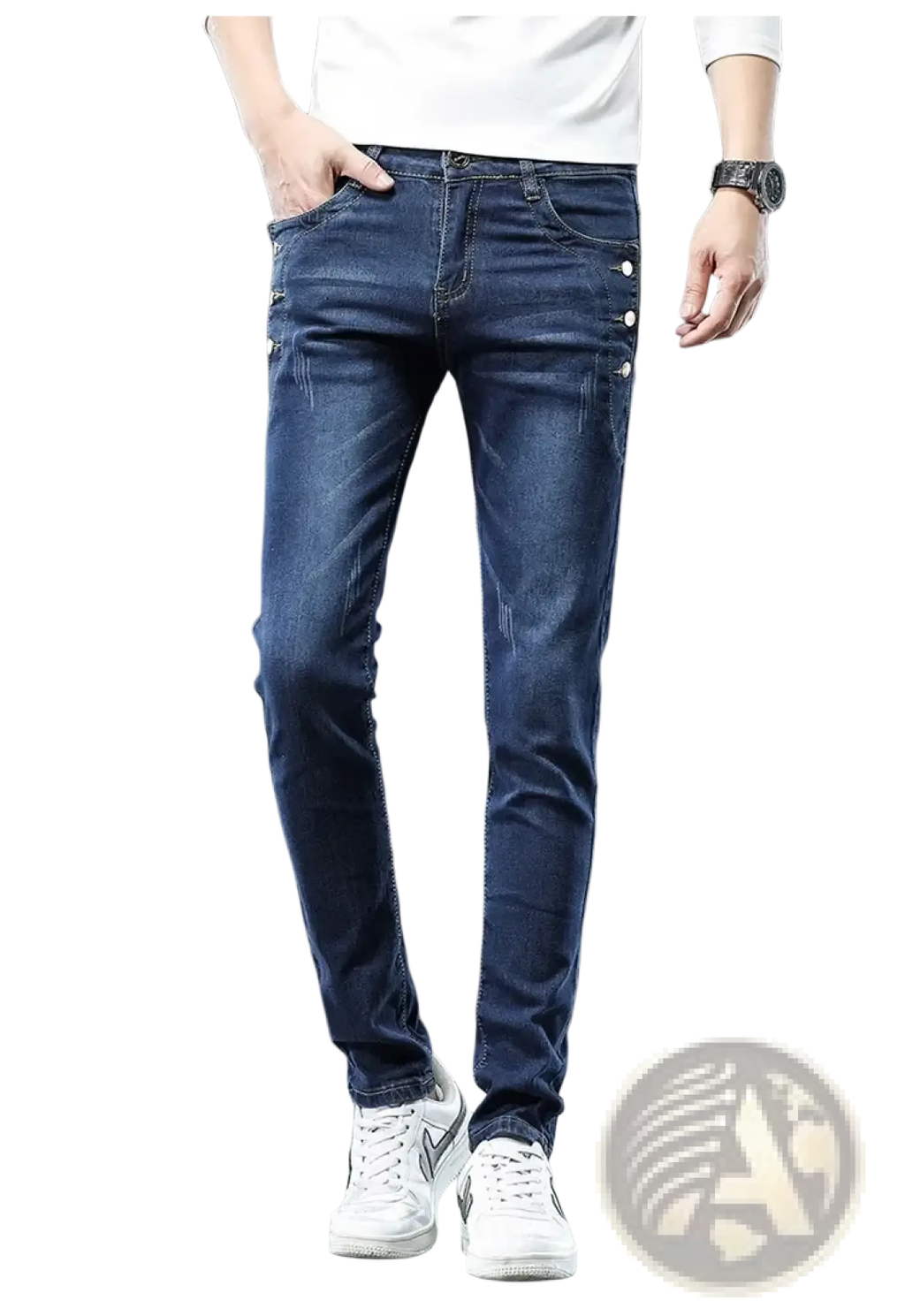 Mens vintage stretch slim denim jeans in dark blue with subtle distressed details and a slim fit design