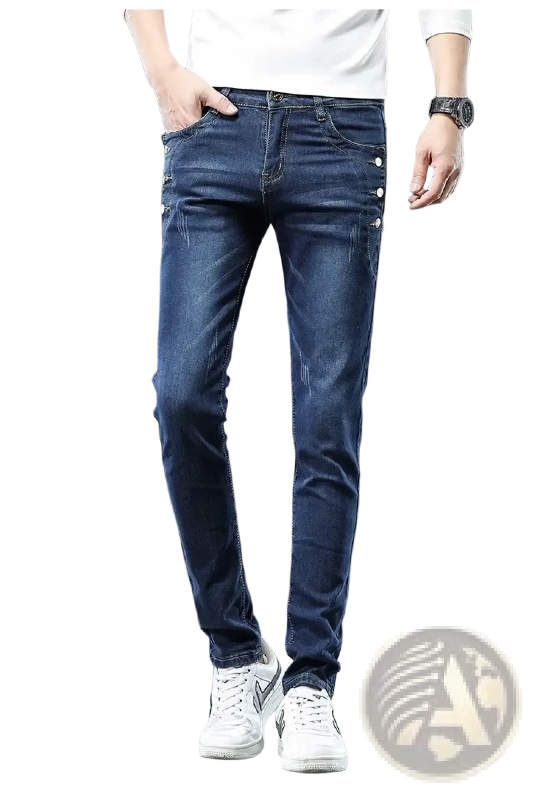 Mens vintage stretch slim denim jeans in dark blue with subtle distressed details and a slim fit design