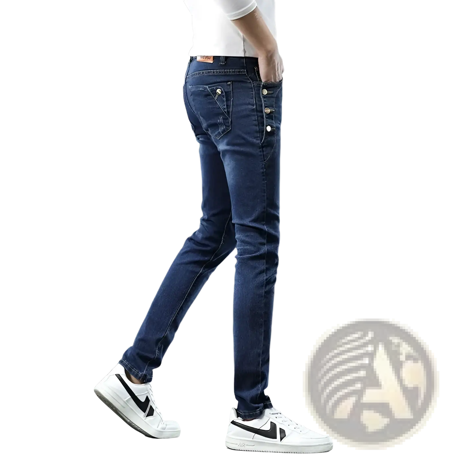 Dark blue slim fit denim jeans showing back side with button closures on the pocket in vintage stretch grey wash