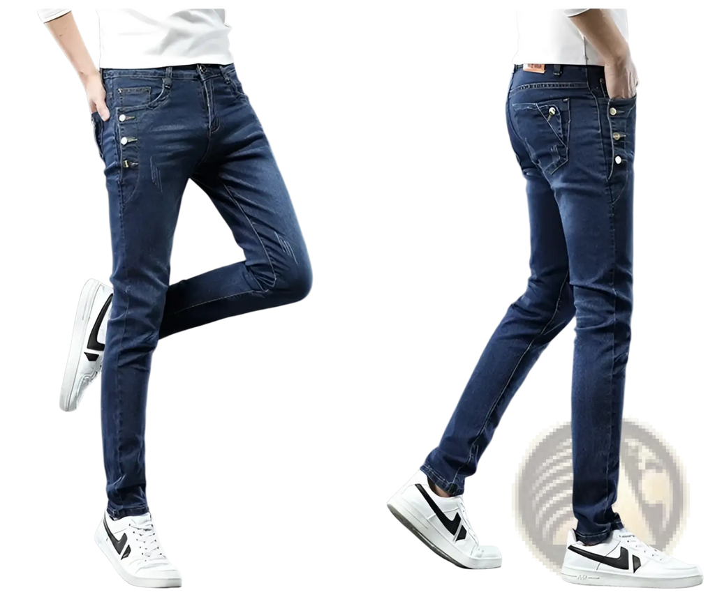 Mens vintage stretch slim denim jeans grey wash in dark blue with buttoned side pockets and a slim fit design