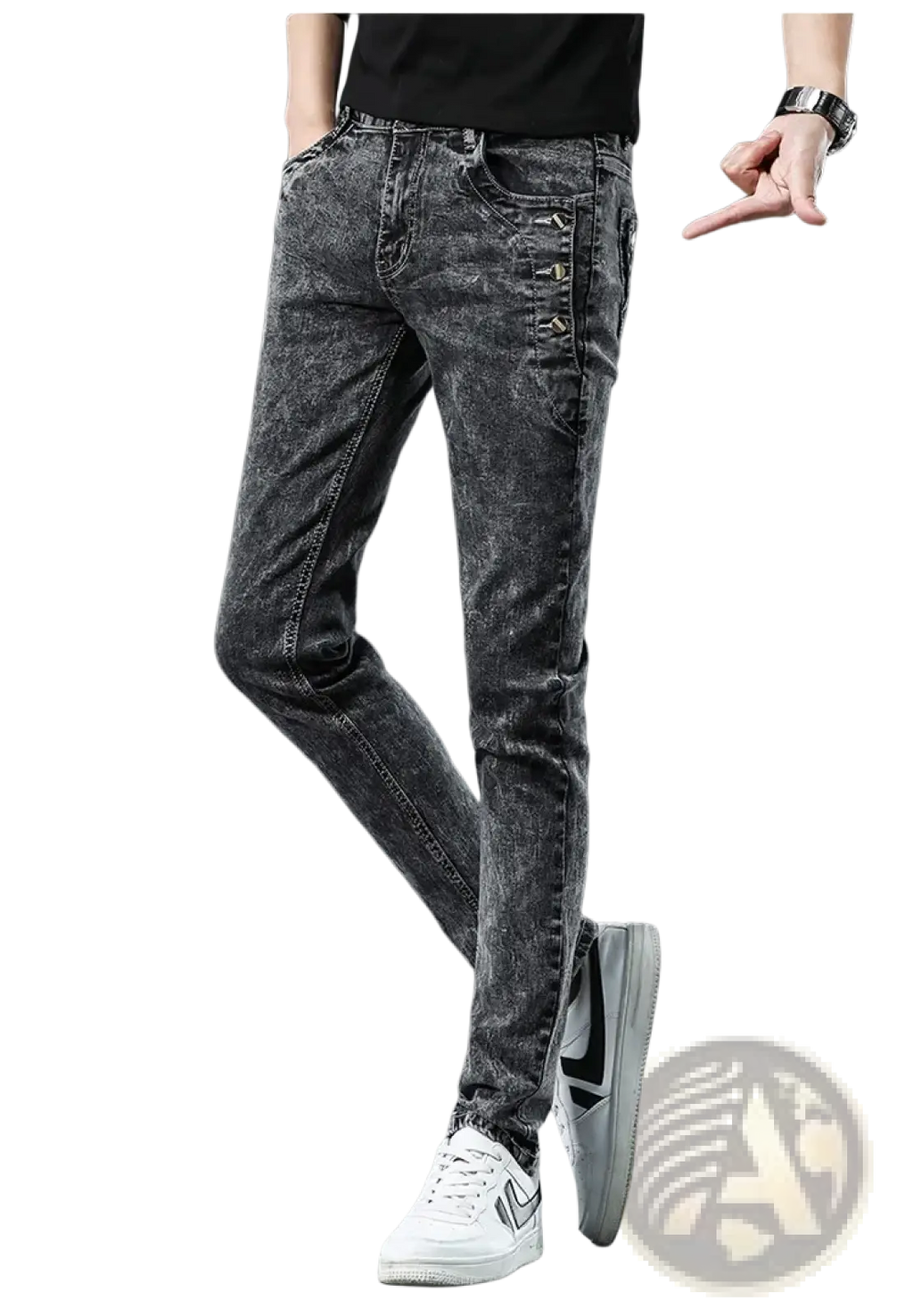 Mens vintage stretch slim denim jeans grey wash featuring dark gray distressed denim with decorative side button accents