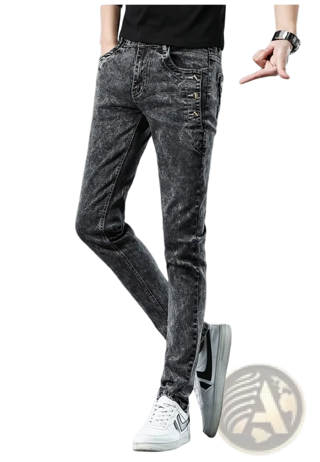 Mens vintage stretch slim denim jeans grey wash featuring dark gray distressed denim with decorative side button accents
