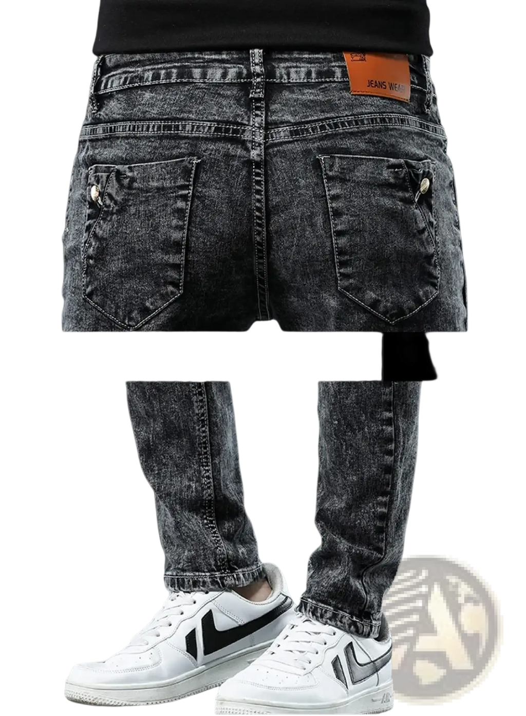 Mens vintage stretch slim denim jeans in dark gray distressed wash with visible stitching and brown leather waistband patch