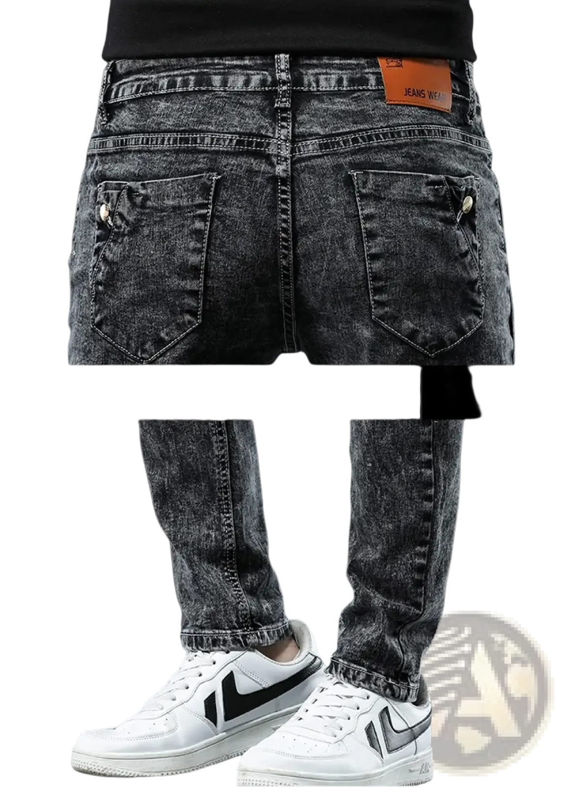 Mens vintage stretch slim denim jeans in dark gray distressed wash with visible stitching and brown leather waistband patch