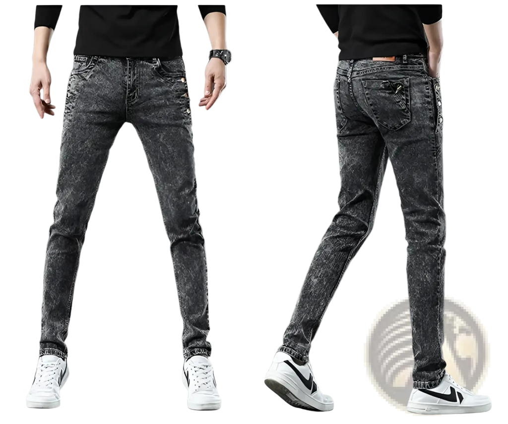 Mens vintage stretch slim denim jeans in dark gray distressed denim with subtle fading and a slim fit design
