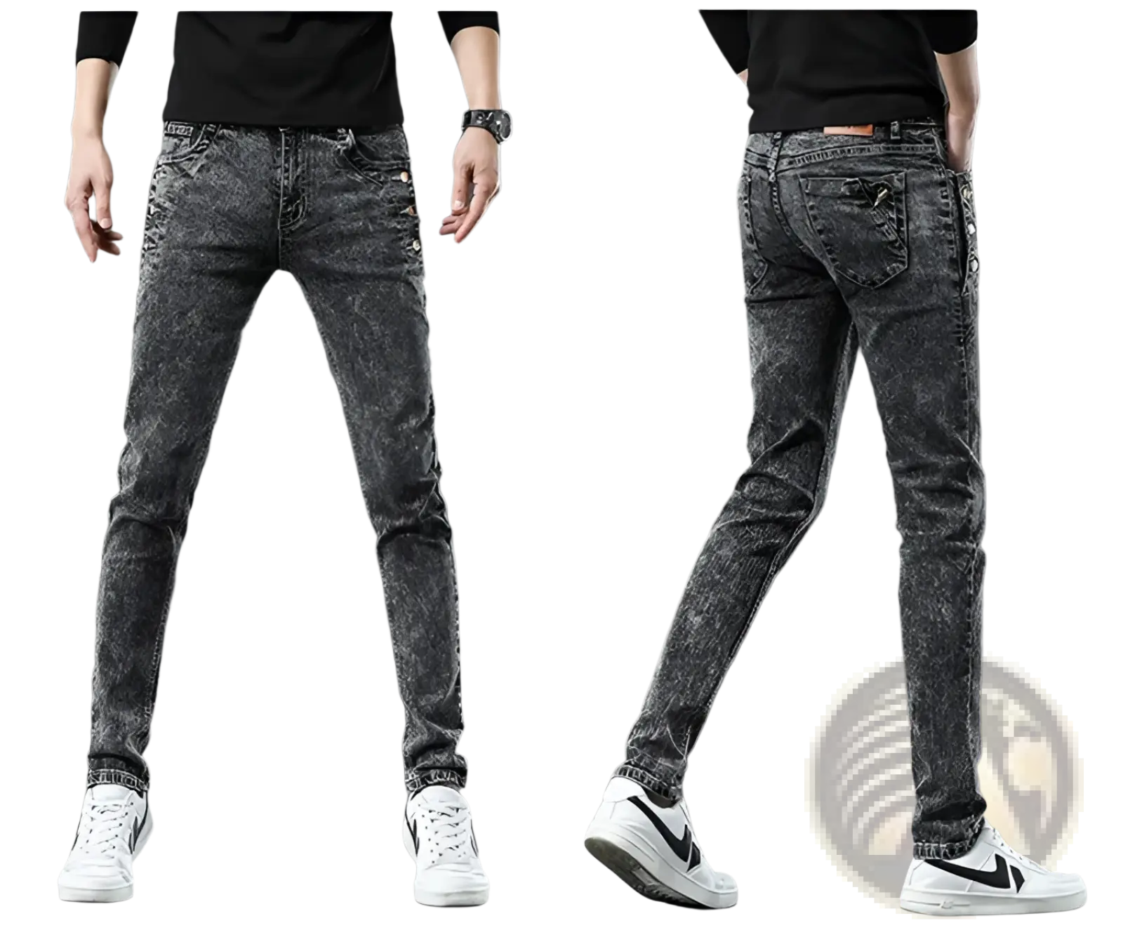 Mens vintage stretch slim denim jeans in dark gray distressed denim with subtle fading and a slim fit design