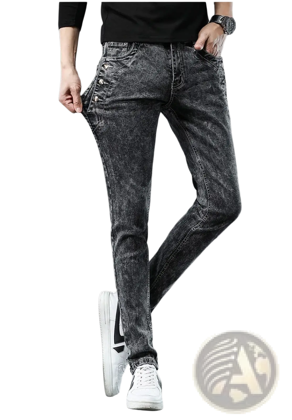Mens vintage stretch slim denim jeans in grey wash with dark gray distressed slim fit and buttoned side pockets