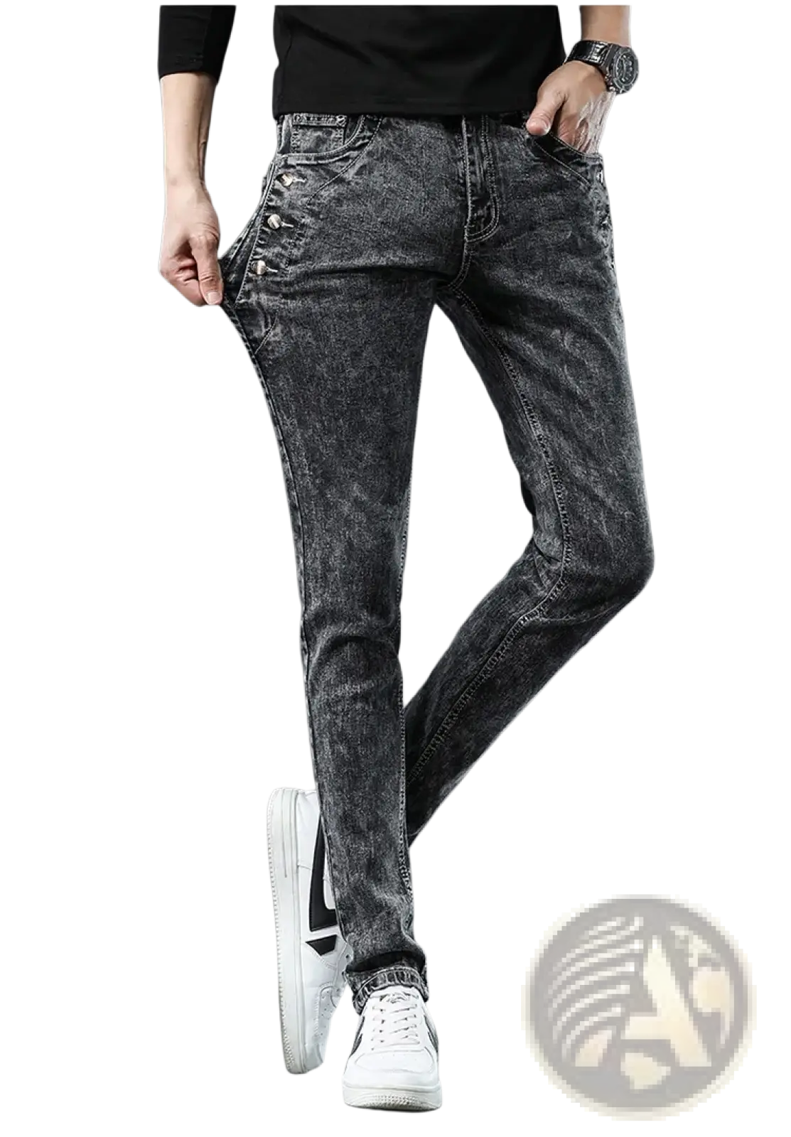Mens vintage stretch slim denim jeans in grey wash with dark gray distressed slim fit and buttoned side pockets