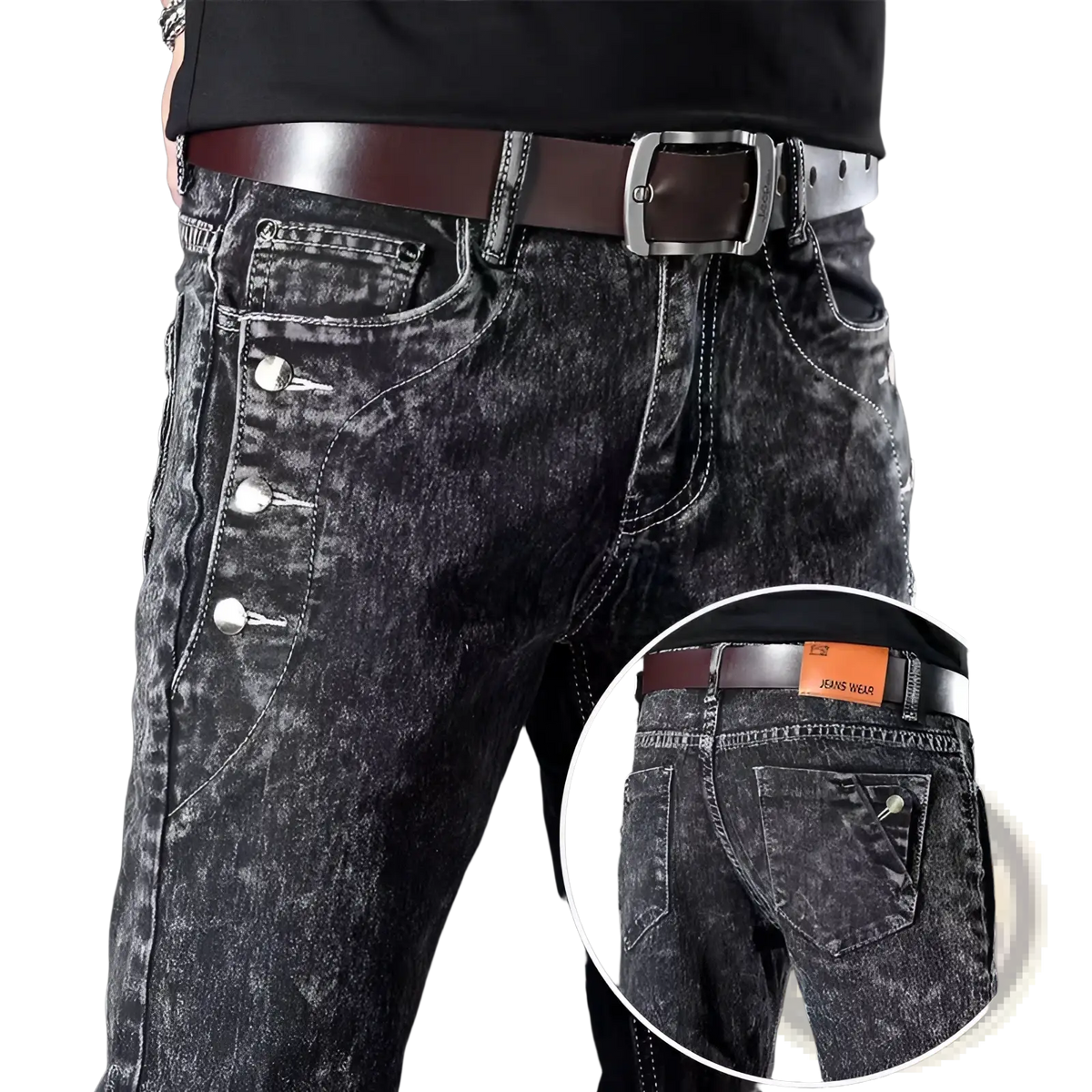 Mens vintage stretch slim denim jeans in black distressed denim with silver buttons and brown leather belt visible