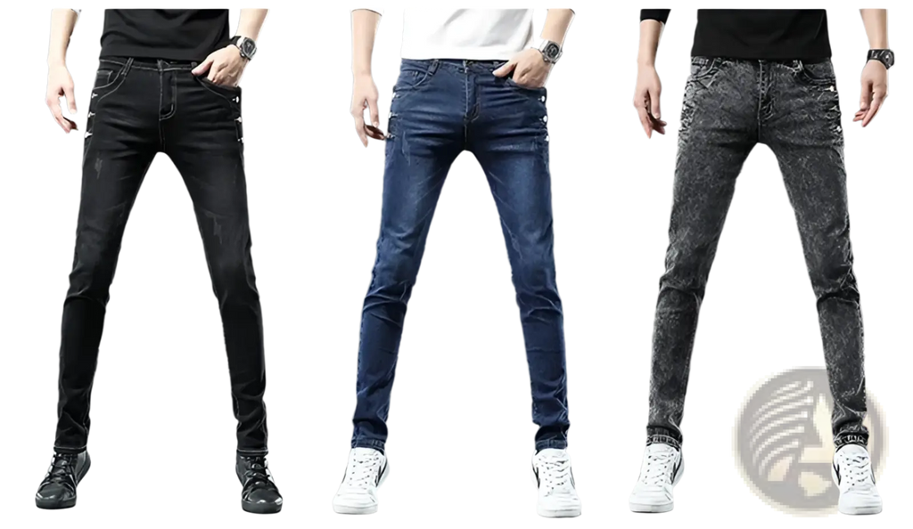 Mens vintage stretch slim denim jeans in grey, black, and blue washes with button details on the sides