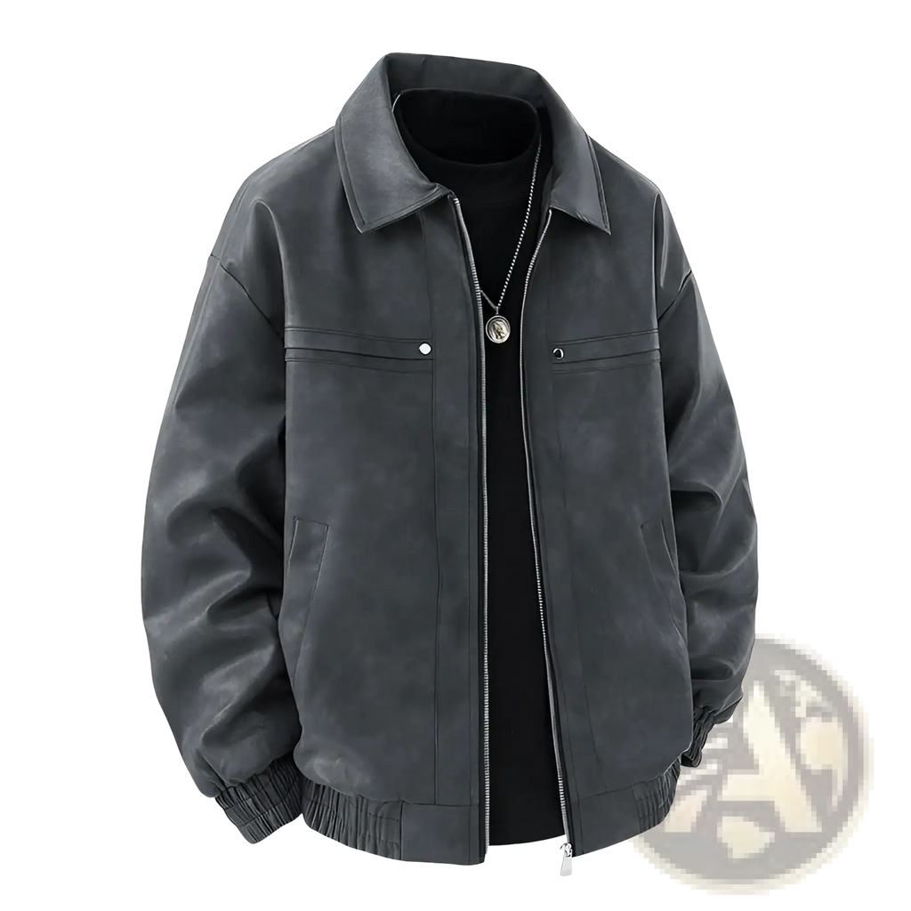 Mens vintage suede bomber jacket in dark gray with classic collar front zipper and two chest pockets slim fit design