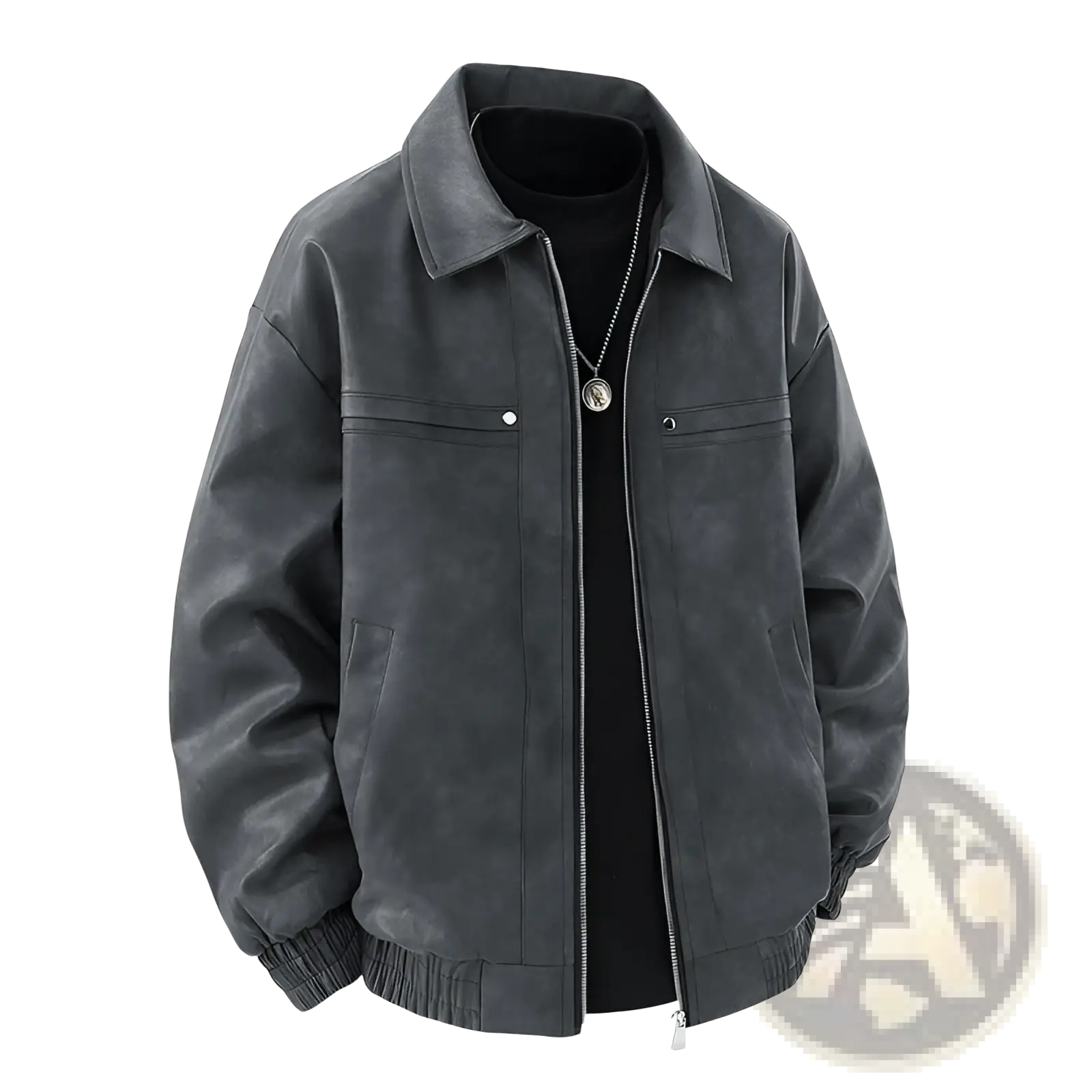 Mens vintage suede bomber jacket in dark gray with classic collar front zipper and two chest pockets slim fit design
