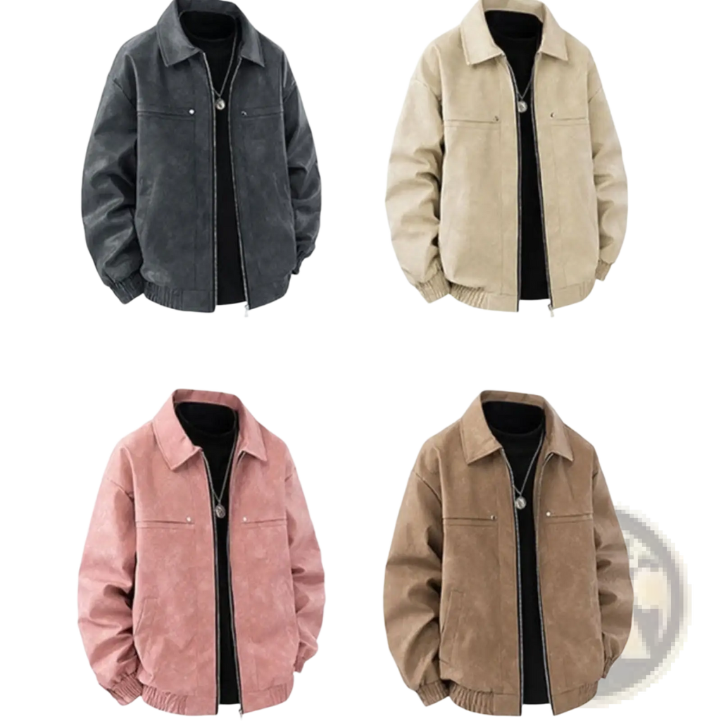 Mens vintage suede bomber jackets slim fit in black beige pink and tan with classic collar and front zipper closure