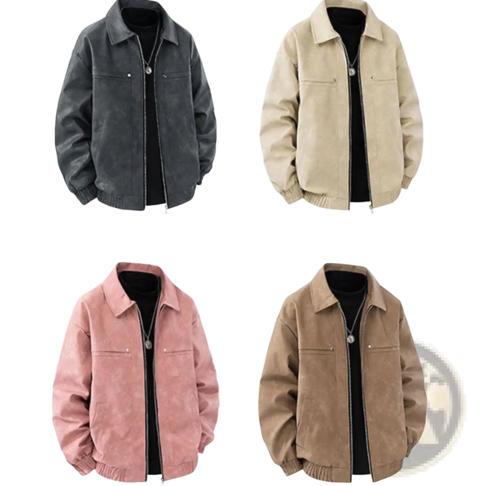 Mens vintage suede bomber jackets slim fit in black beige pink and tan with classic collar and front zipper closure