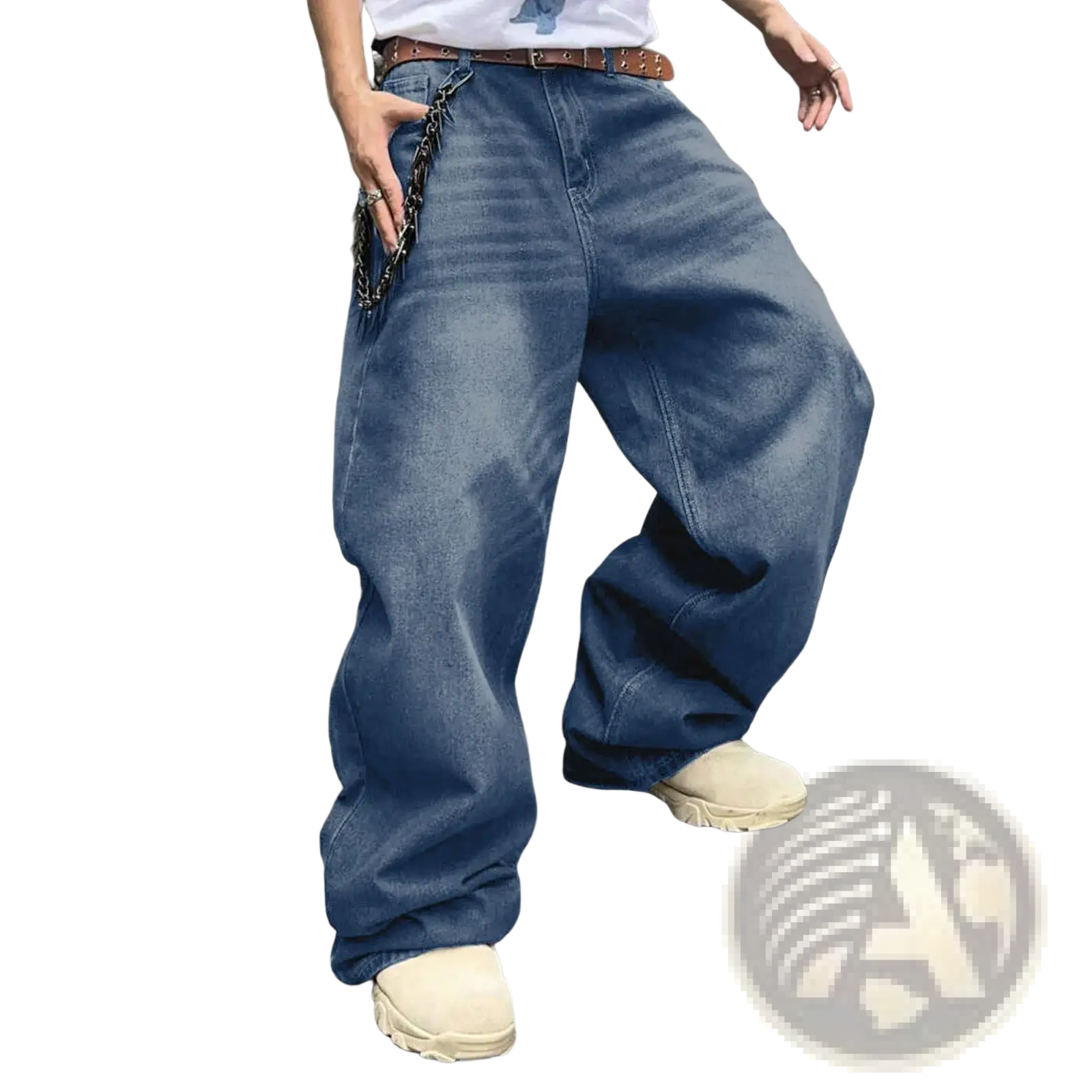 Men’s vintage wide leg baggy denim jeans in blue with relaxed fit and visible stitching details
