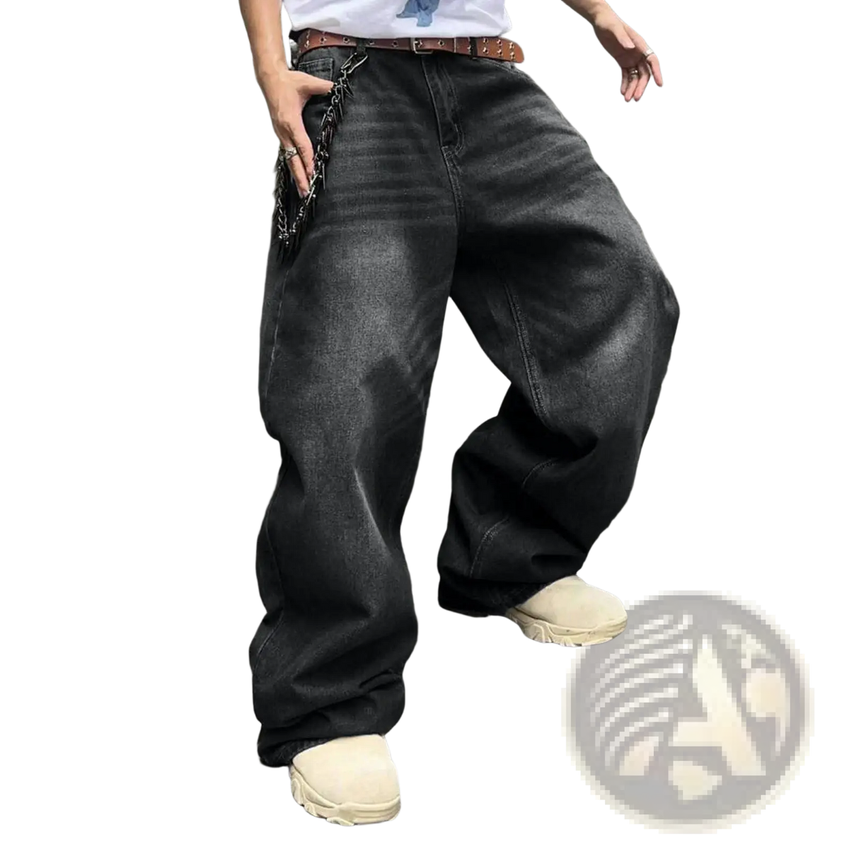 Men’s vintage wide leg baggy denim jeans in black with distressed faded wash and visible stitching details