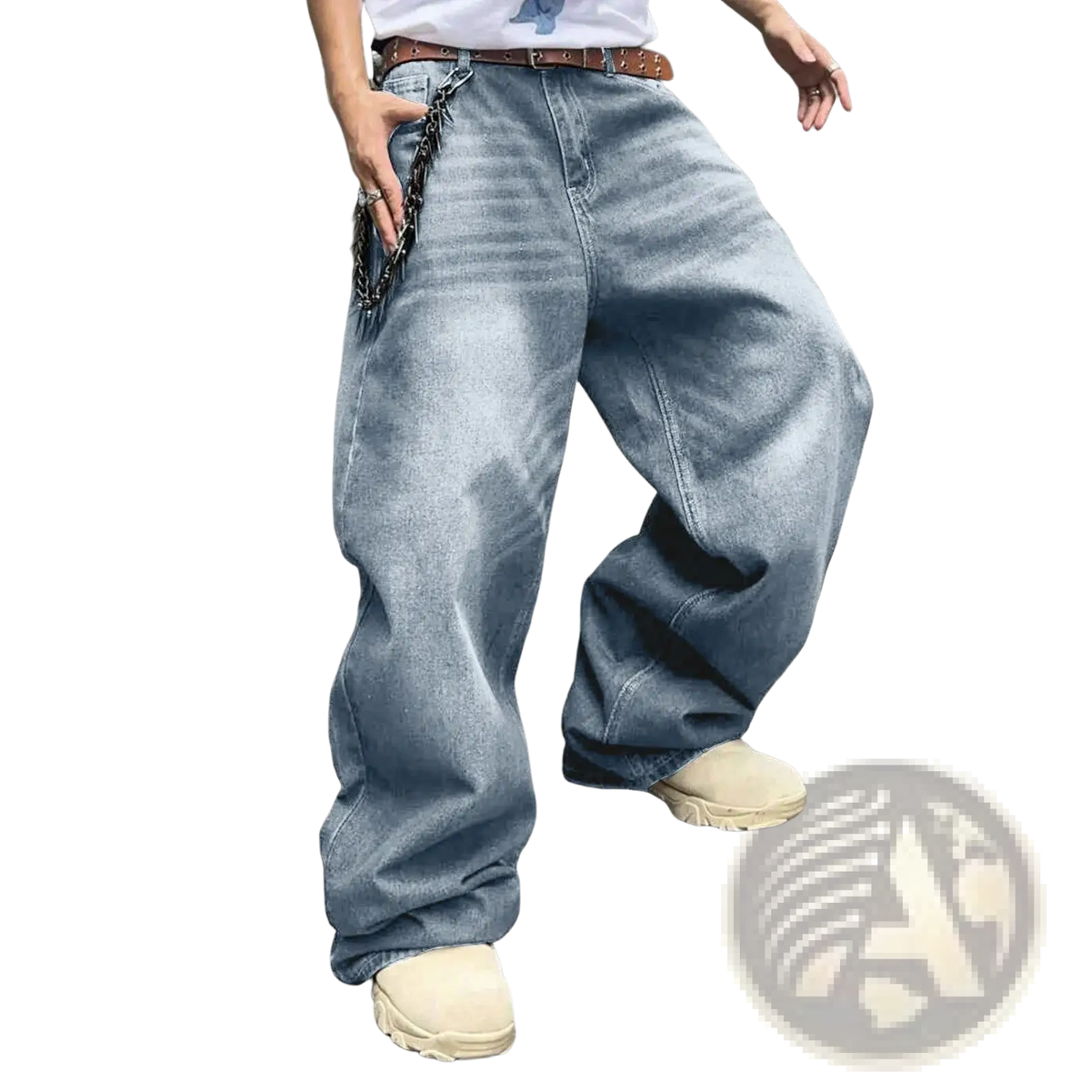 Men’s vintage wide leg baggy denim jeans in light wash with relaxed fit and visible stitching details