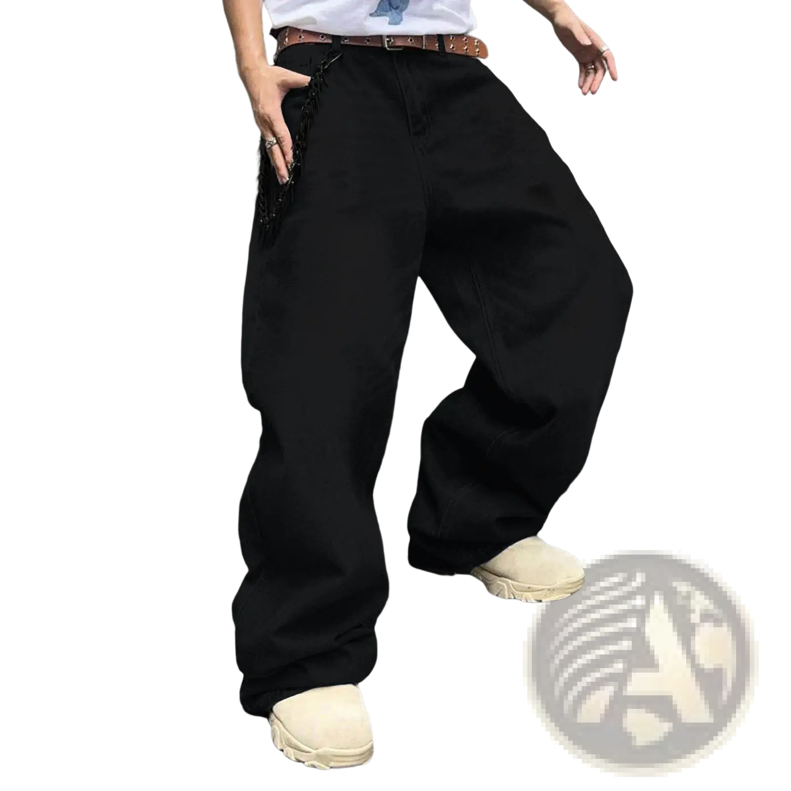 Men’s vintage wide leg baggy denim jeans in black with relaxed fit and decorative chain detailing along side seam
