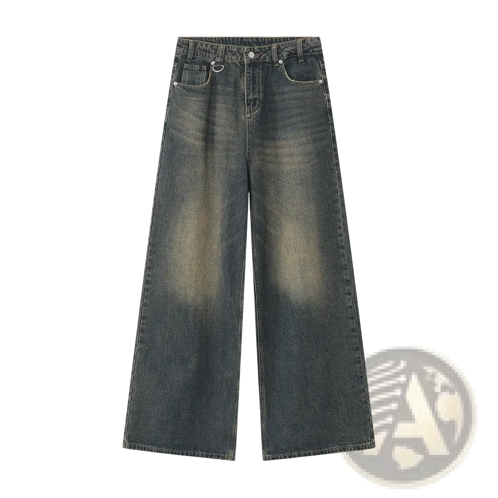Men’s vintage wide leg baggy denim jeans in dark wash with faded distressing and classic stitching details
