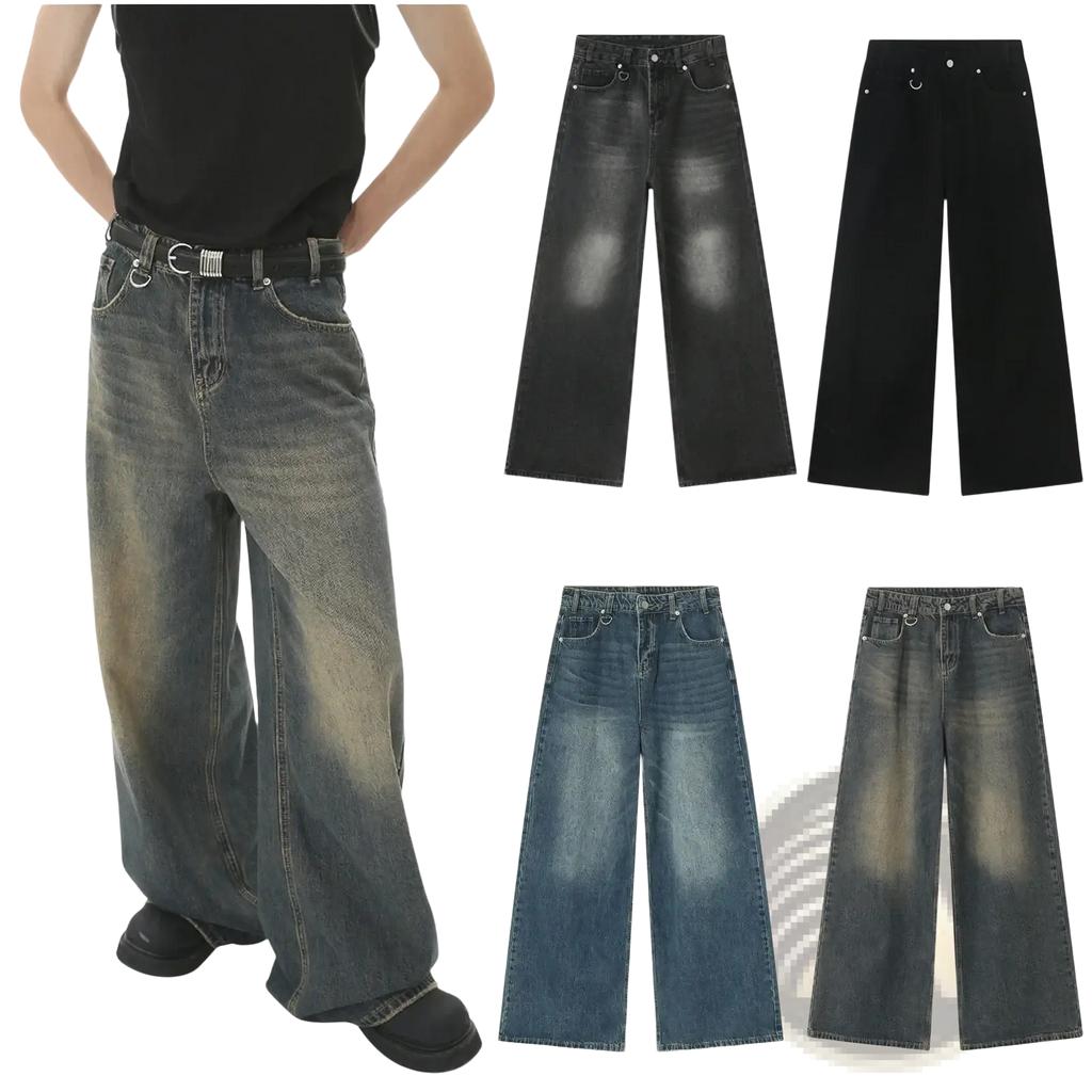 Men’s vintage wide leg baggy denim jeans in faded blue black and dark wash with distressed details