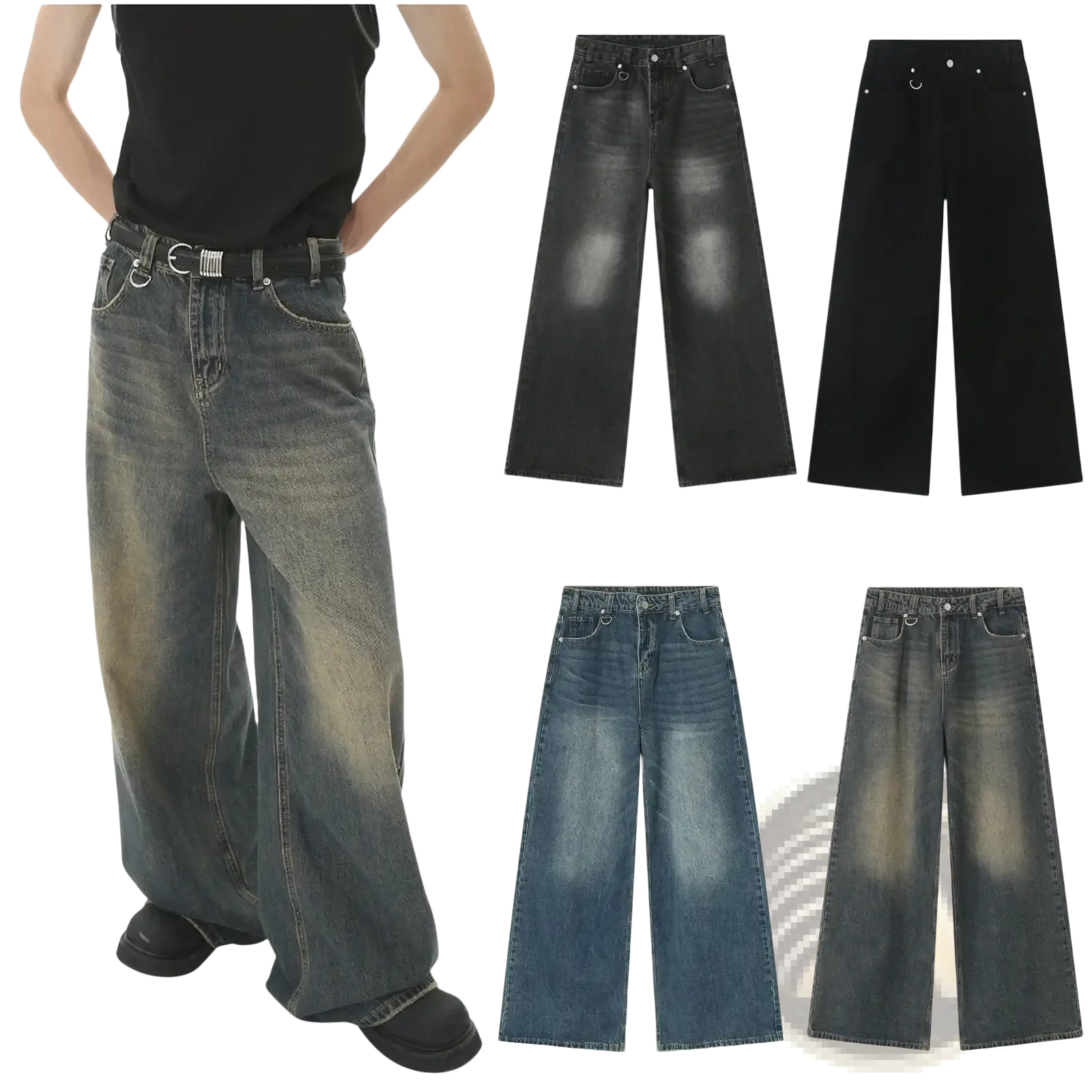 Men’s vintage wide leg baggy denim jeans in faded blue black and dark wash with distressed details