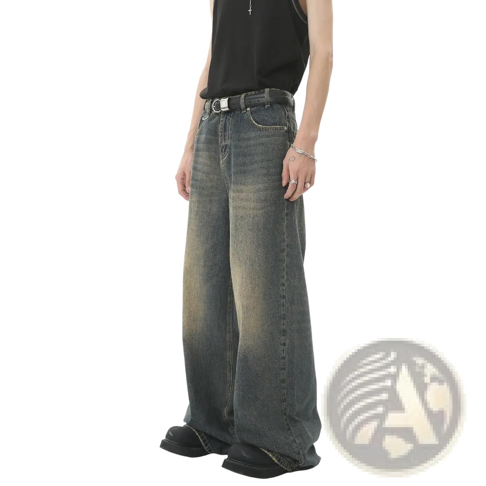 Men’s vintage wide leg baggy denim jeans in faded dark wash with subtle distressing and raw hem in front view