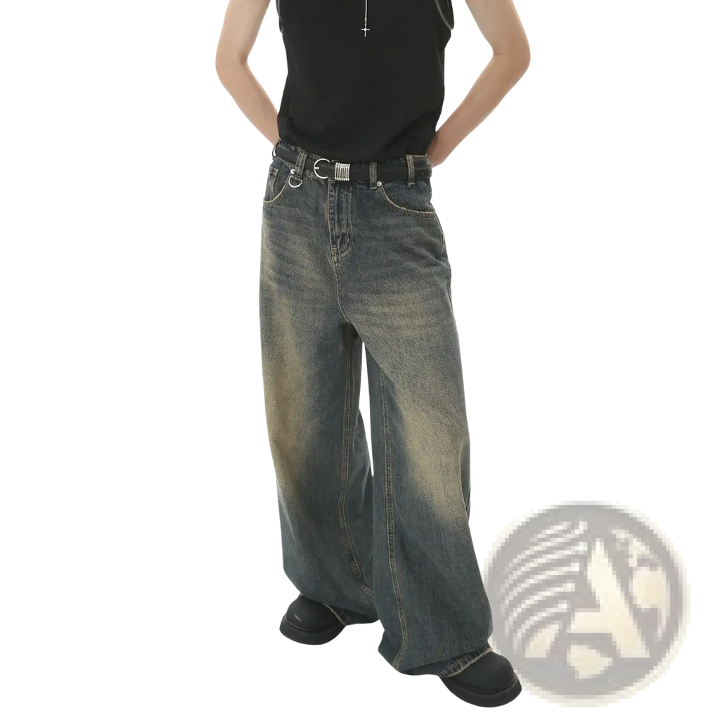 Men’s vintage wide leg baggy denim jeans in faded dark wash with subtle distressing and wide-leg fit
