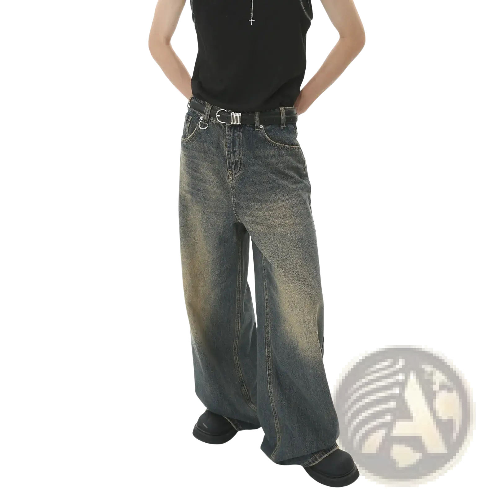 Men’s vintage wide leg baggy denim jeans in faded dark wash with subtle distressing and wide-leg fit