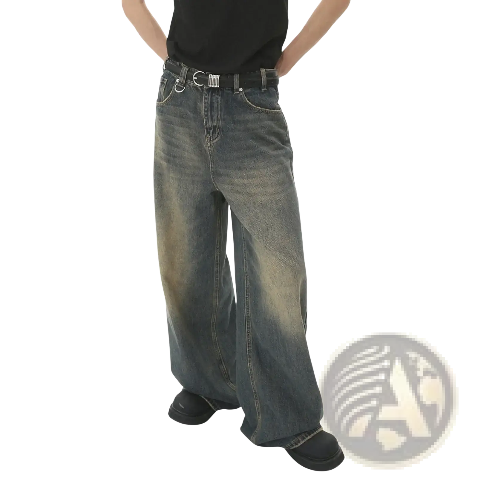 Men’s vintage wide leg baggy denim jeans in faded distressed wash with subtle thigh fading for casual wear