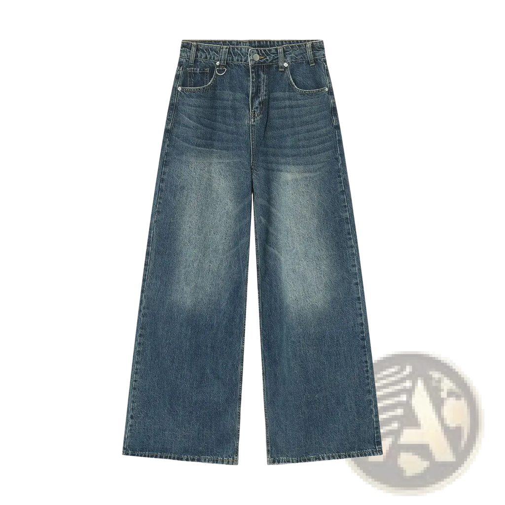 Men’s vintage wide leg baggy denim jeans in medium blue high-waisted wash with subtle fading and classic stitching