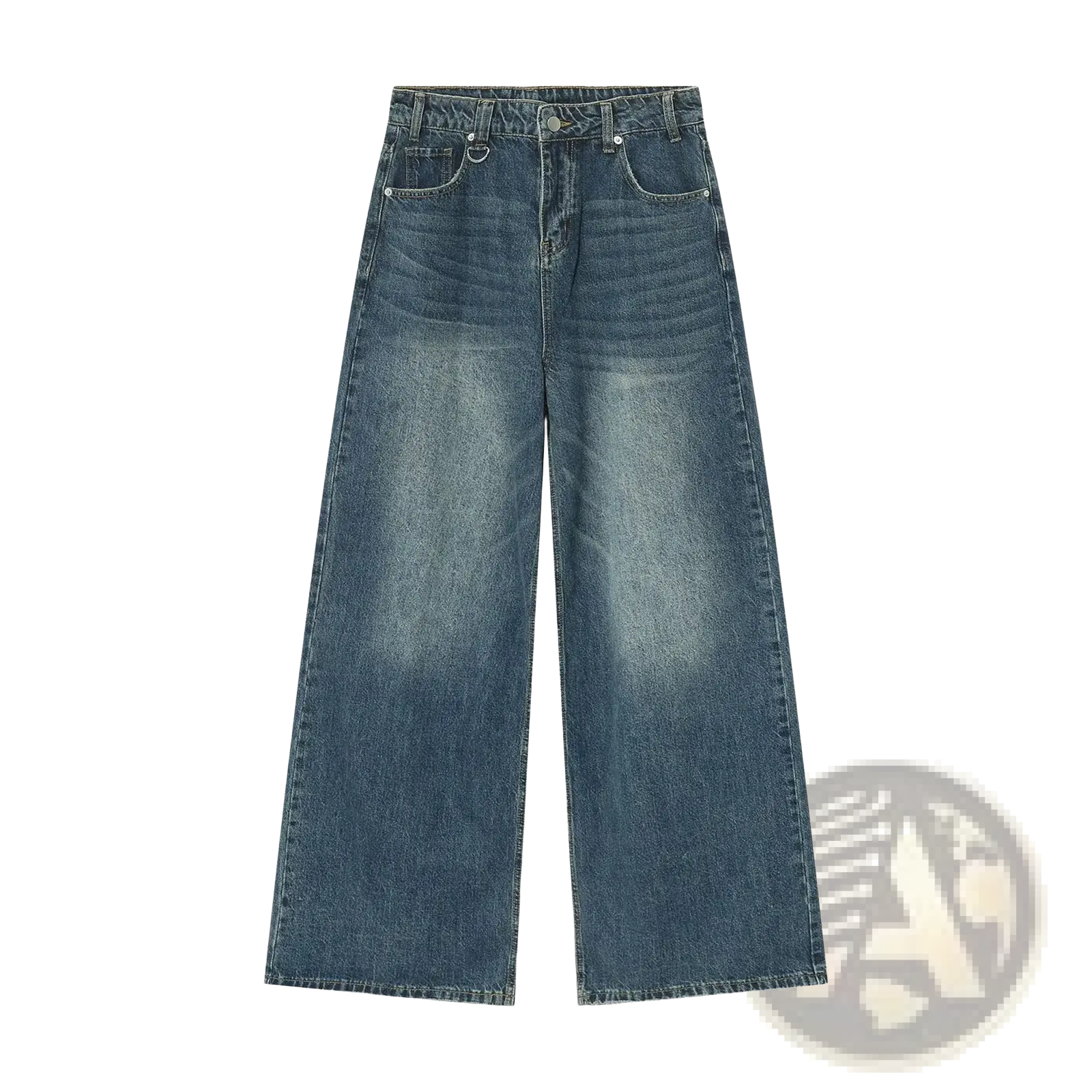 Men’s vintage wide leg baggy denim jeans in medium blue high-waisted wash with subtle fading and classic stitching