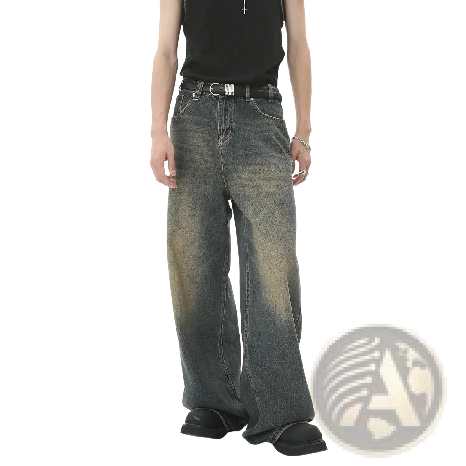 Men’s vintage wide leg baggy denim jeans in dark wash with a faded distressed look and wide-leg cut